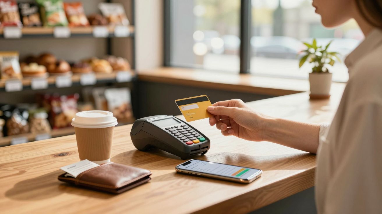 Pessoa a pagar com cartão contactless num terminal POS, com telemóvel, carteira e café numa mesa de madeira.