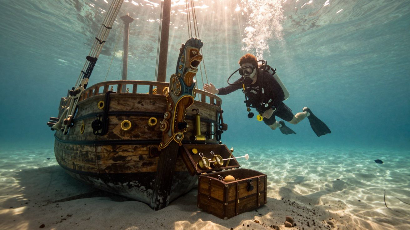Mergulhador a explorar um pequeno navio antigo com um baú do tesouro no fundo do mar.