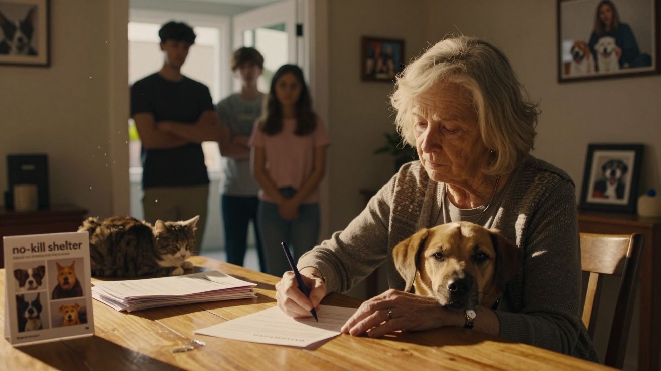 Mulher idosa escreve documento com cão ao colo e gatos no canto da mesa, com três jovens ao fundo.