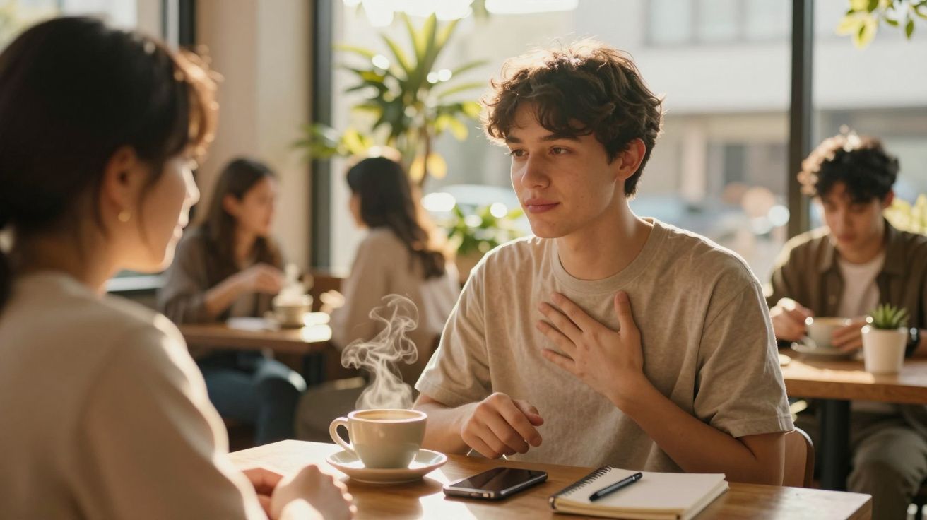 Jovens num café, um rapaz fala com a mão no peito enquanto conversa com uma rapariga.