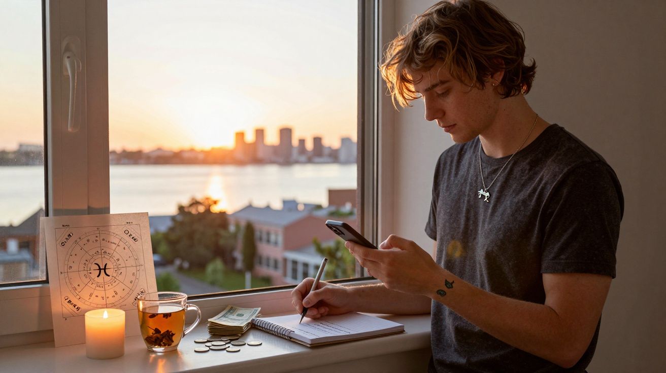 Jovem sentado junto a janela ao pôr do sol escrevendo num caderno e consultando telemóvel, com vela e chá à frente.