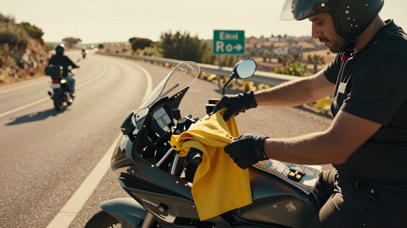 Homem de capacete limpa o painel de uma moto preta numa estrada com curva e outro motociclista ao fundo.