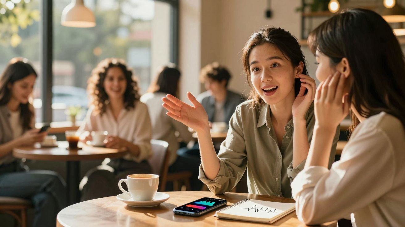 Duas mulheres a conversar animadamente numa cafetaria, com café e gráfico num tablet sobre a mesa.