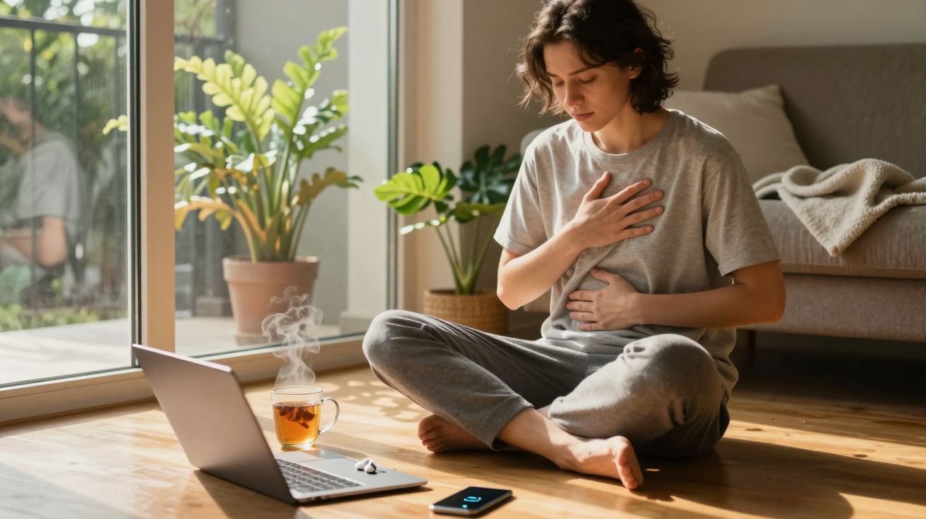 Pessoa sentada no chão a segurar o peito e o estômago, com computador, chá quente e telemóvel à frente.