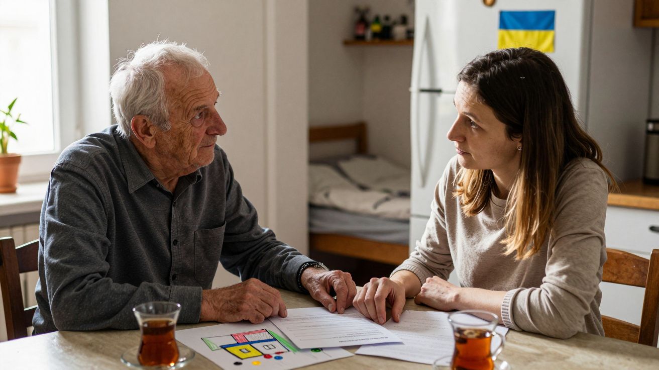 Idoso e mulher sentados à mesa a conversar, com papéis e chá sobre a mesa numa cozinha.
