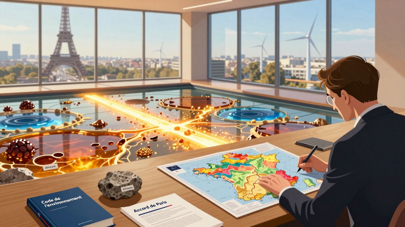 Homem a analisar mapa de França numa sala com janelas grandes, Torre Eiffel e turbinas eólicas ao fundo.