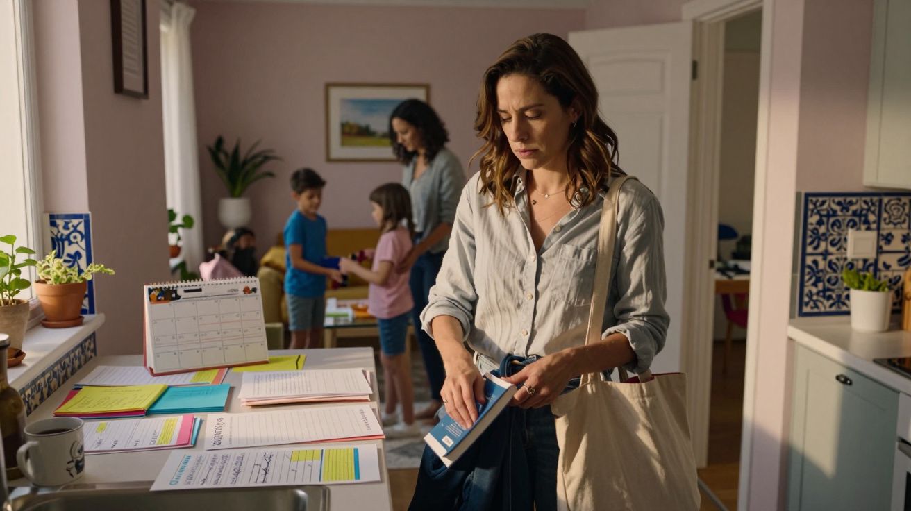 Mulher preocupada prepara mochila numa cozinha, com outras crianças e mulher ao fundo num contexto familiar.