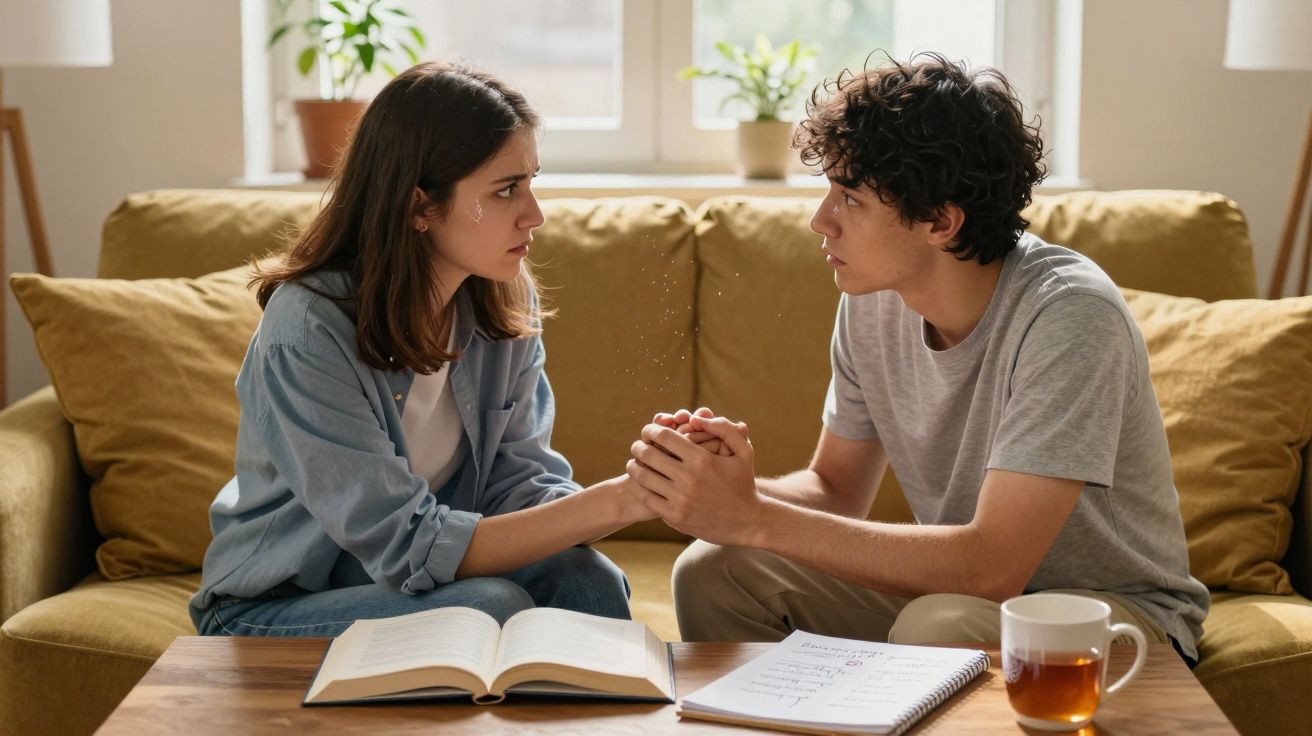 Jovem casal sentado no sofá, olhando-se a sério e segurando as mãos durante uma conversa intensa.