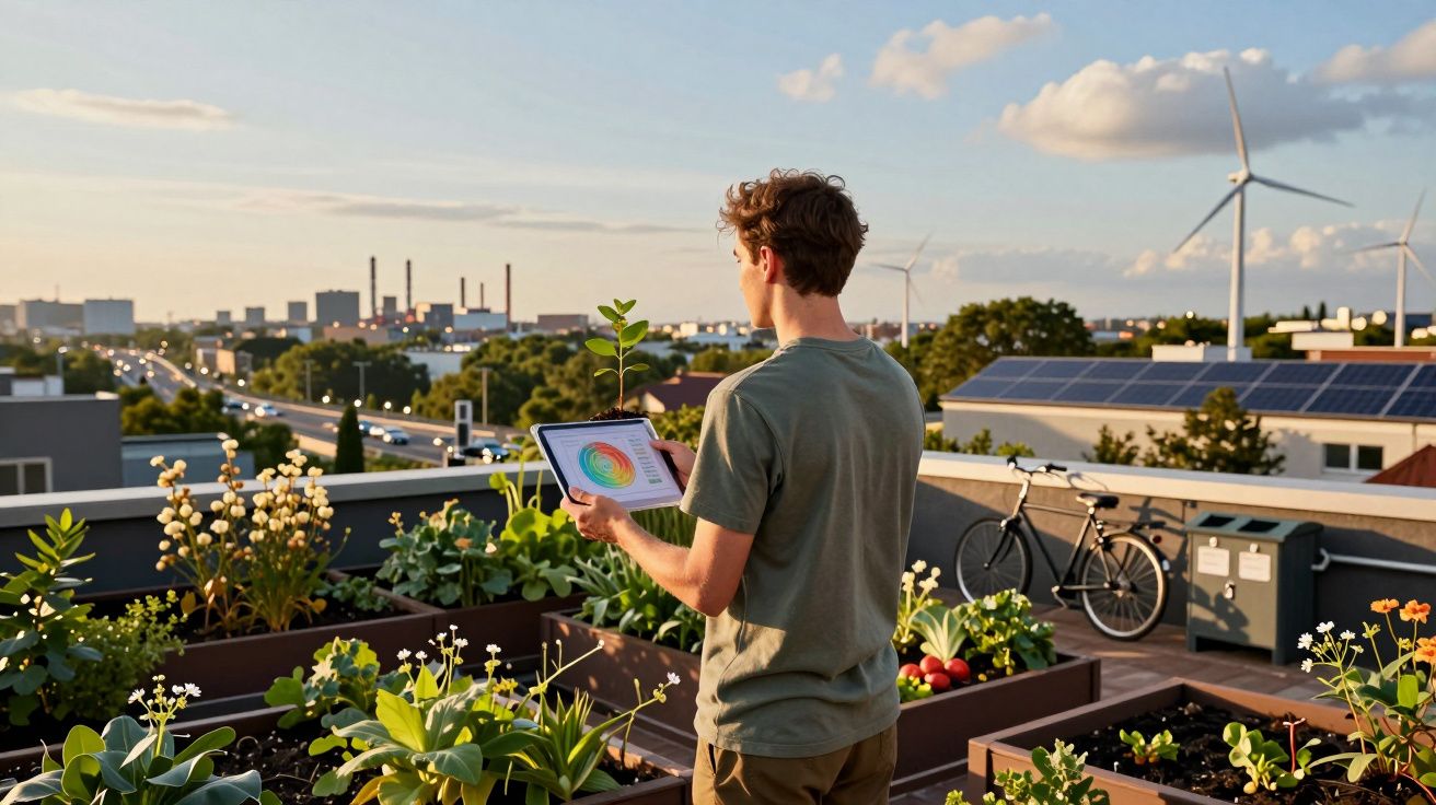 Homem a segurar tablet numa horta urbana no terraço com turbinas eólicas e painéis solares ao fundo.