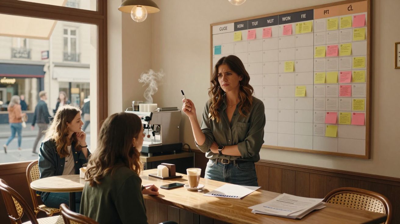 Três mulheres discutem num café com calendário de planeamento semanal e notas coloridas na parede.