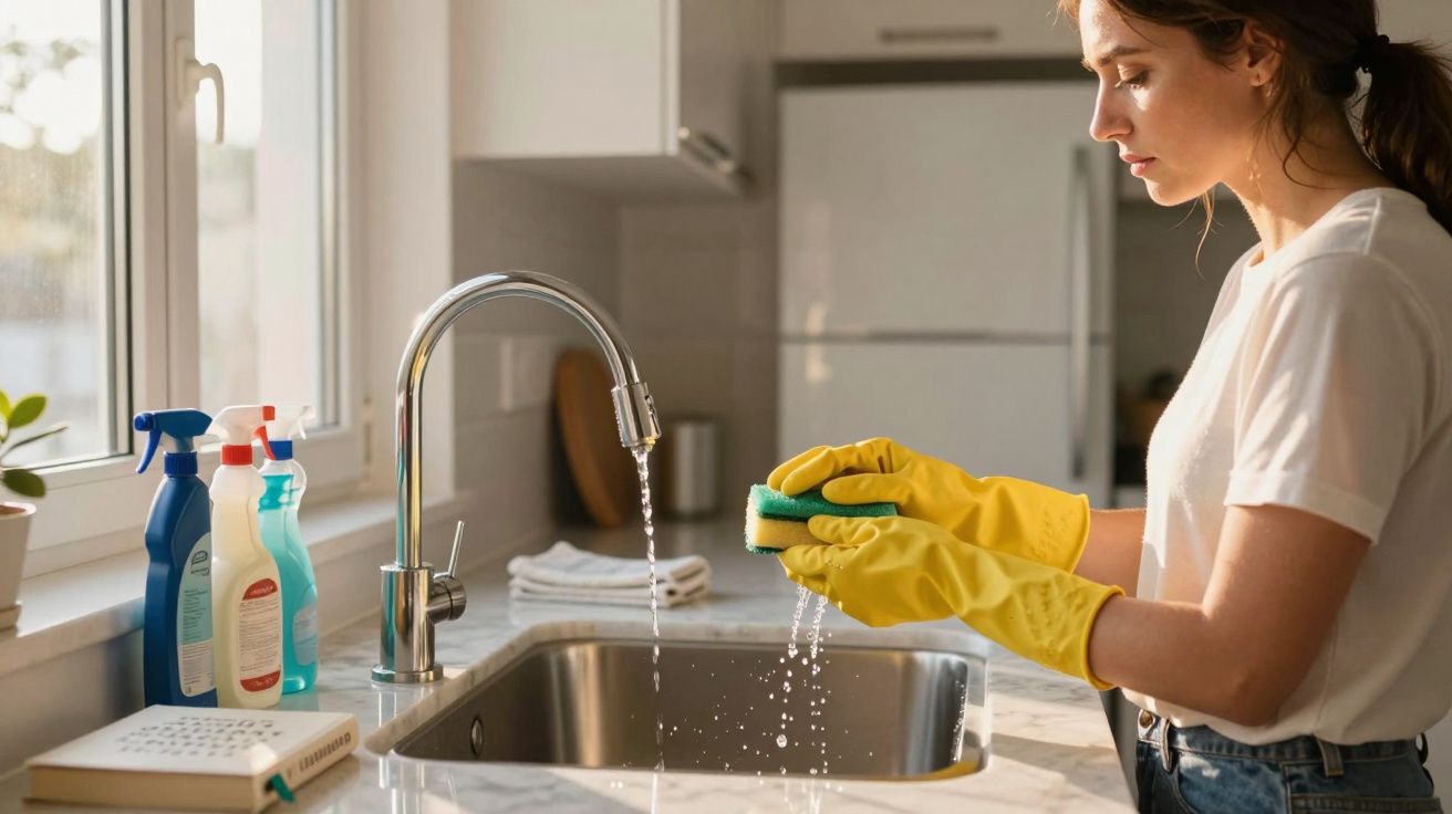 Mulher a lavar e esfregar esponja na cozinha com torneira e produtos de limpeza ao lado.