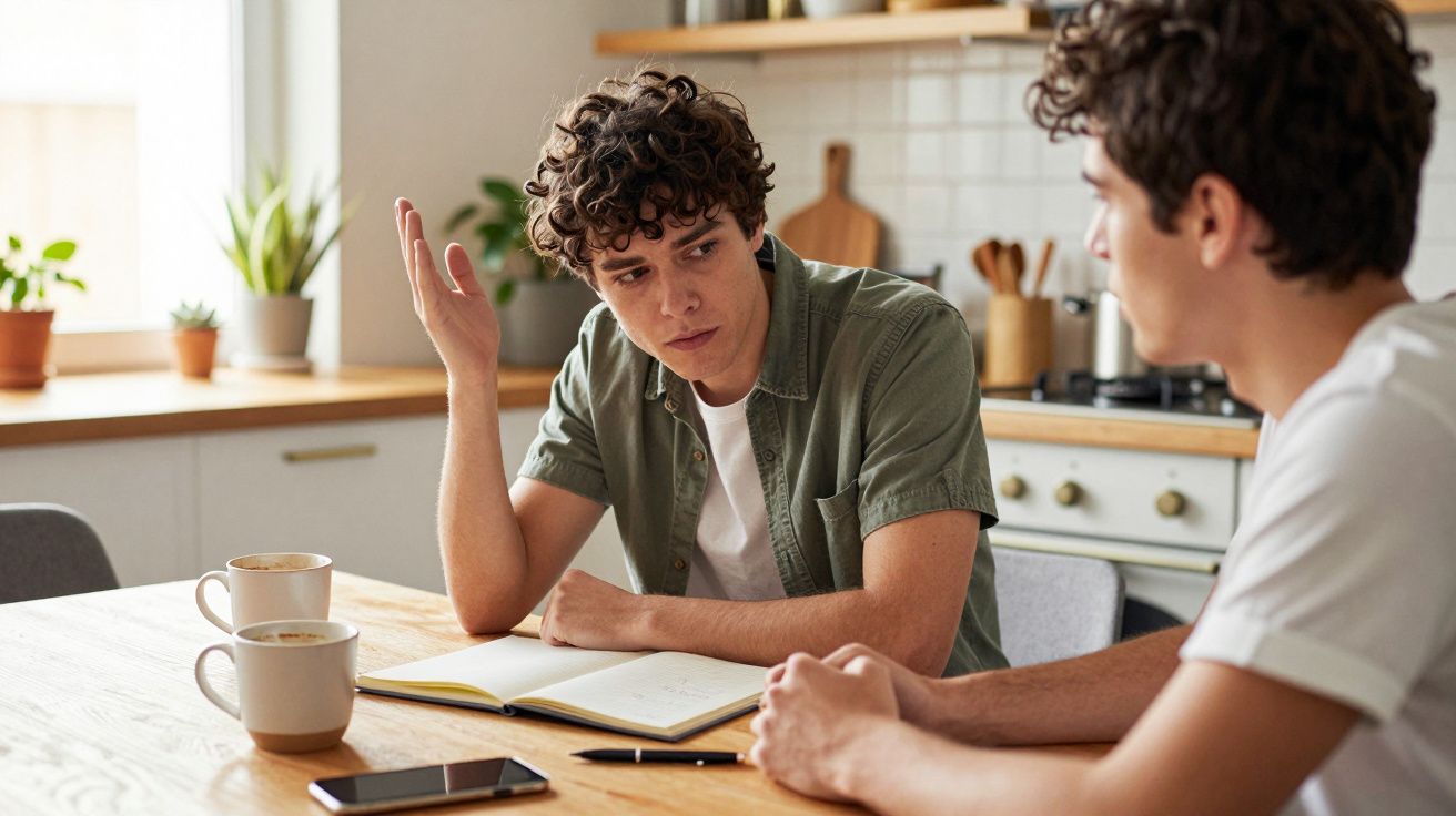 Dois jovens sentados à mesa da cozinha, um fala gesticulando e o outro ouve atentamente.