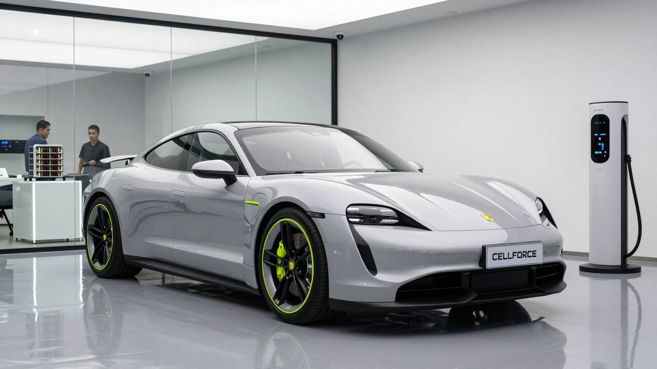 Carro elétrico desportivo cinzento com detalhes verdes, junto a estação de carregamento num espaço moderno.