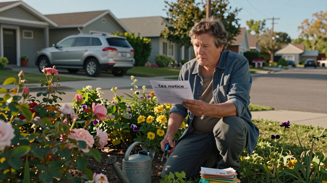 Homem ajoelhado no jardim a ler um aviso de impostos com flores e regador ao seu lado numa rua residencial.