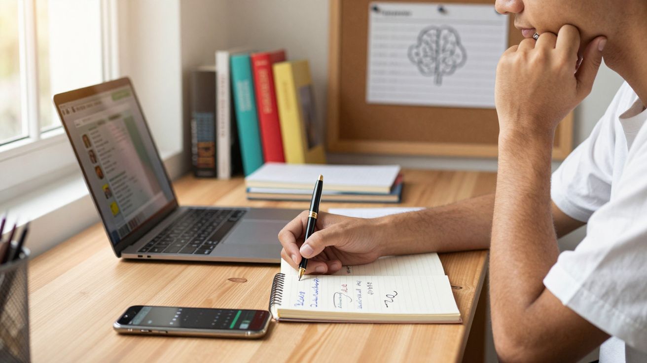 Pessoa a escrever notas num caderno com um computador portátil e um telemóvel numa secretária de madeira.