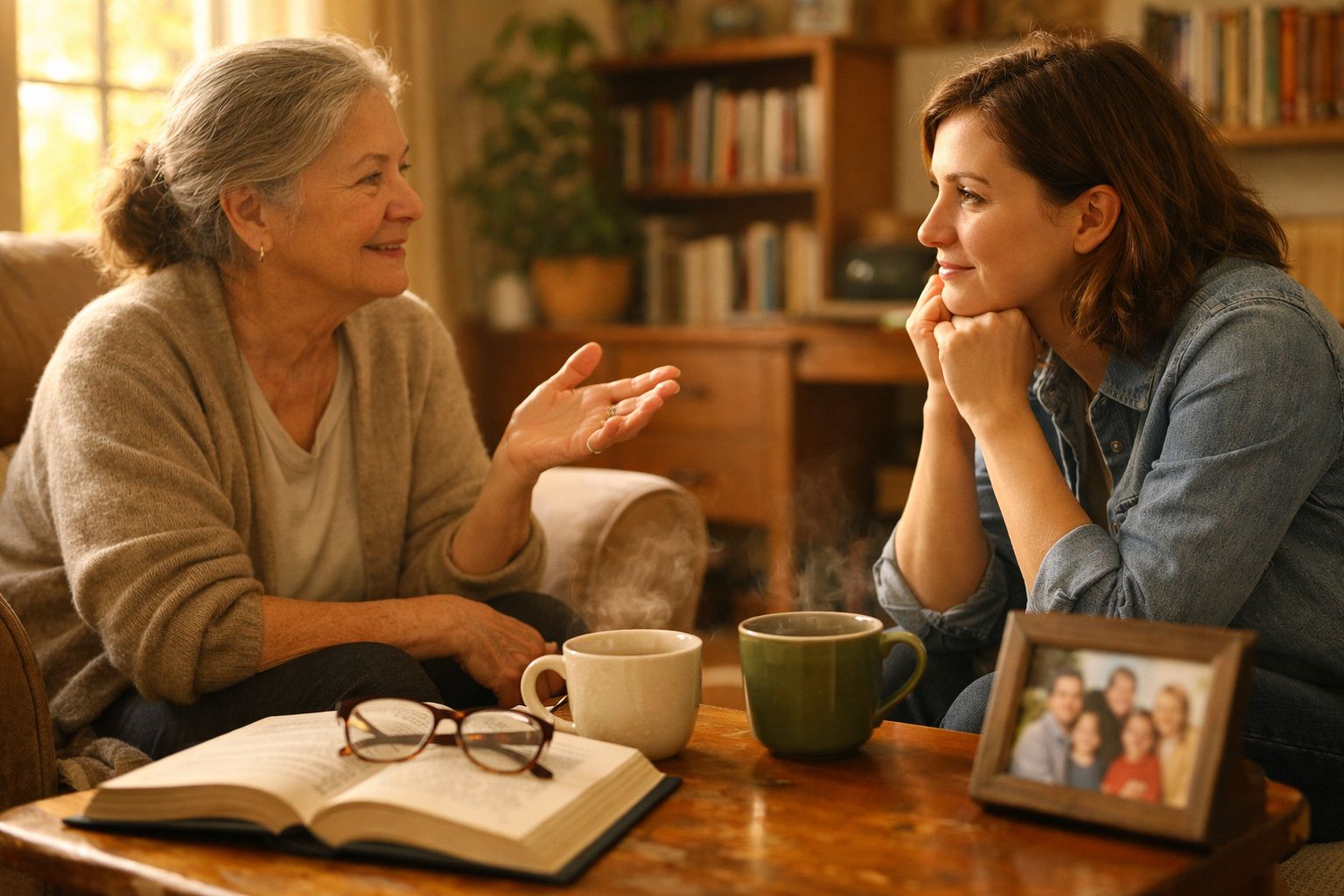 Duas mulheres a conversar numa sala acolhedora com livros, chá quente e uma fotografia de família na mesa.