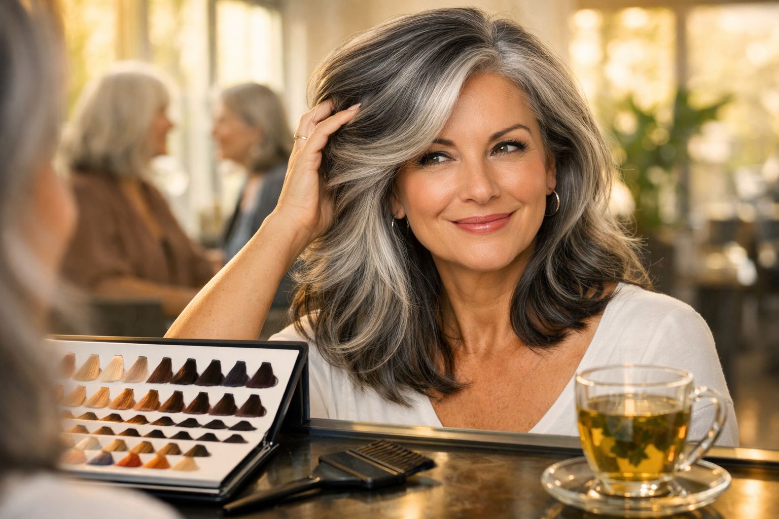 Mulher sorridente com cabelos grisalhos, olhando para uma tabela de cores de tintas para cabelo num salão.