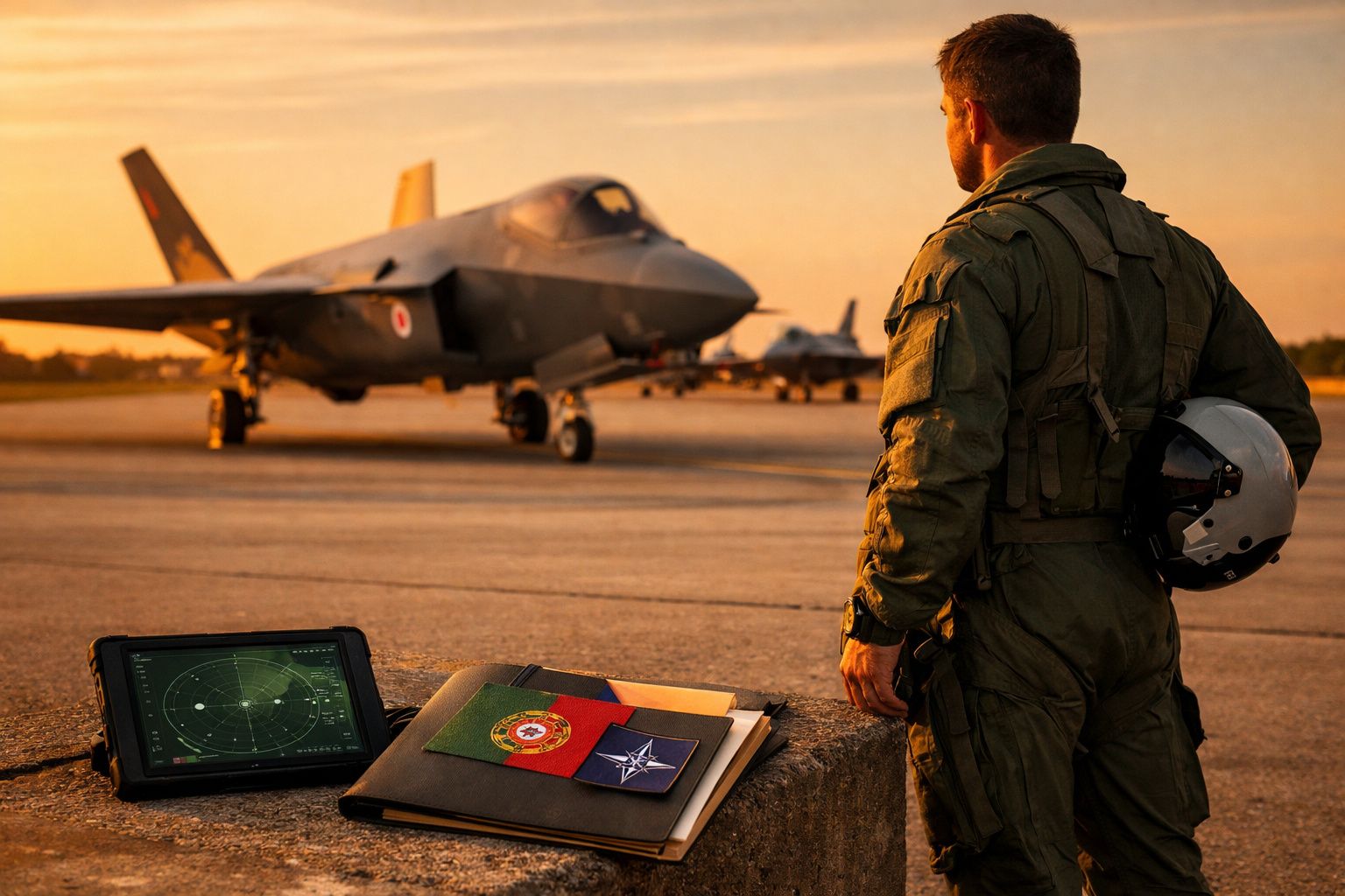 Piloto militar de uniforme observa caça furtivo em pista no pôr do sol, com tablet e documentos com bandeiras de Portugal e N