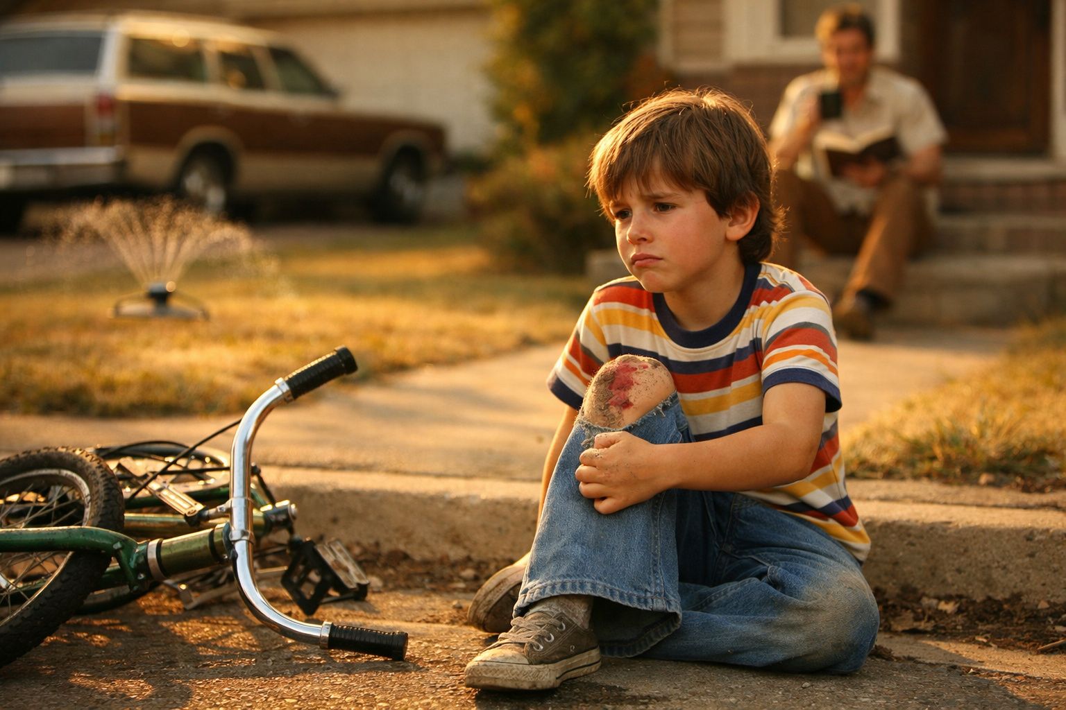Menino sentado no chão com joelho ensanguentado, bicicleta caída ao lado e adulto ao fundo.